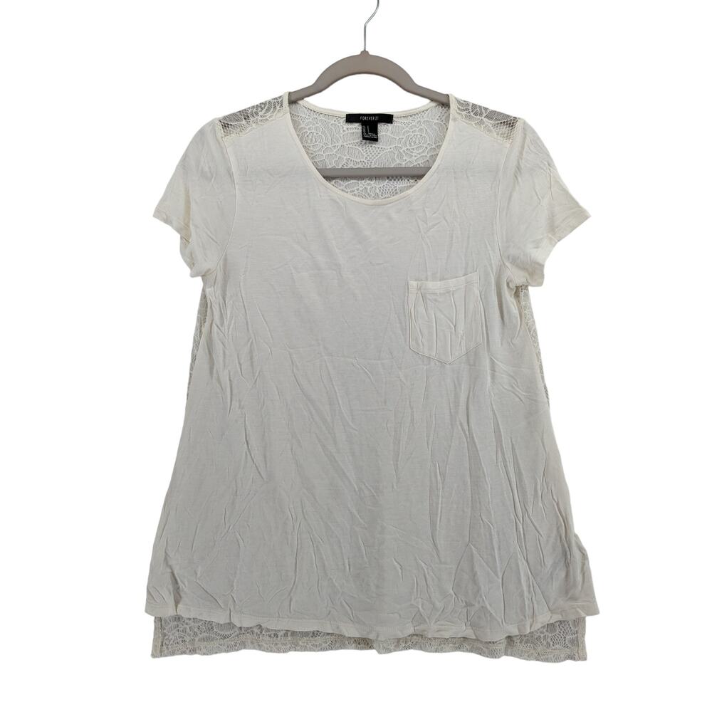 Forever 21 Lace Back Blouse S Cream‎ Crew Neck Short Sleeve Romantic Staple Work